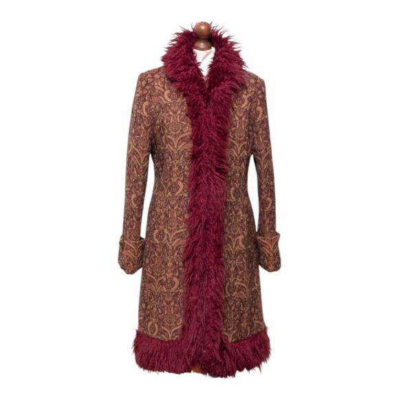 Vintage Tapestry Coat Wool Blend Faux Fur Trim Afghan Penny Lane Womens Small - Picture 1 of 13
